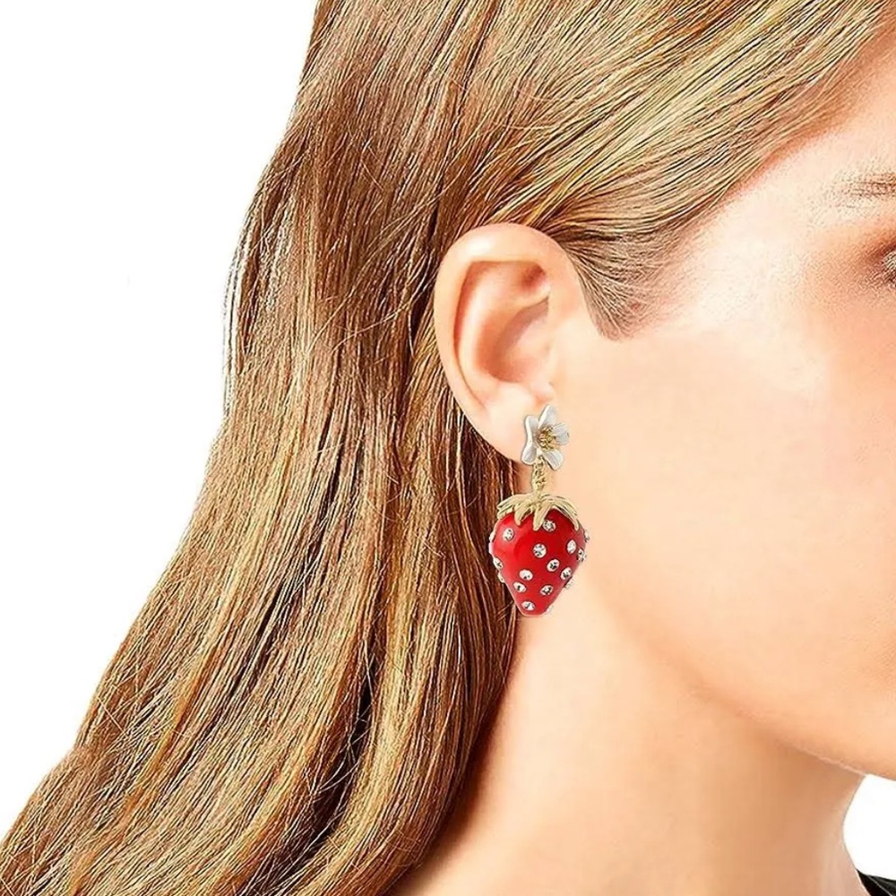 Betsey Johnson Red Strawberry Earrings with Gold Accents - Picture 3 of 5